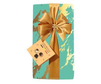 Schachtel mit Geschenkpapier und Schleife Grün/Gold (250g)