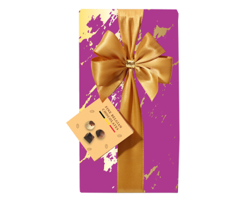 Schachtel mit Geschenkpapier und Schleife Lila/Gold (250g)